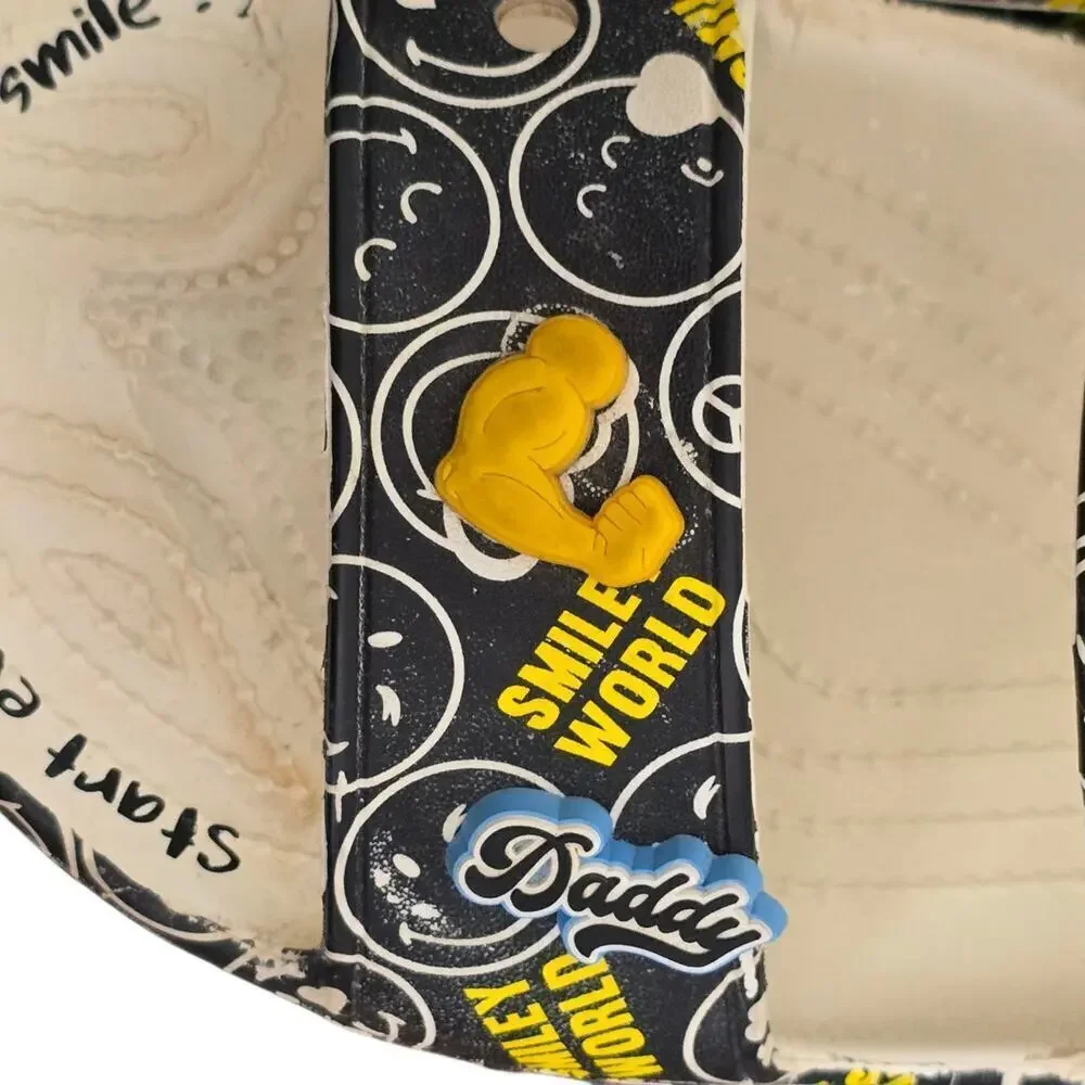 Crocs Smiley World Sandal Slide White Black Yellow Double Strap Mens Size 12